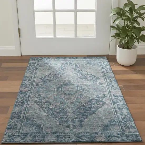 Denim Blue And Gray Oriental Washable Area Rug With UV Protection Photo 2