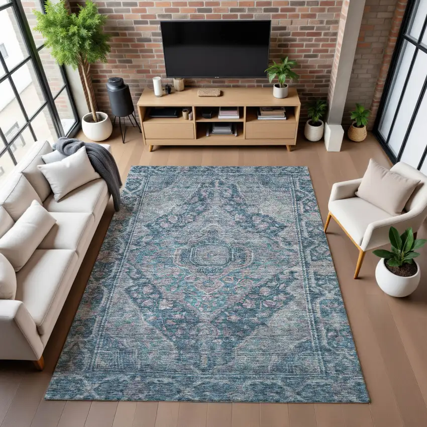 Denim Blue And Gray Oriental Washable Area Rug With UV Protection Photo 5