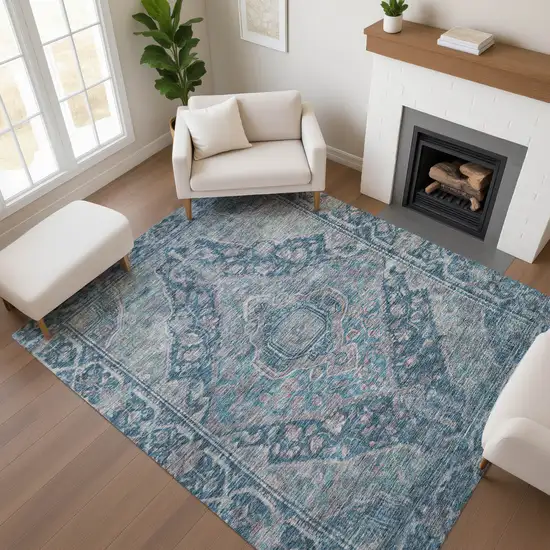 Denim Blue And Gray Oriental Washable Area Rug With UV Protection Photo 5