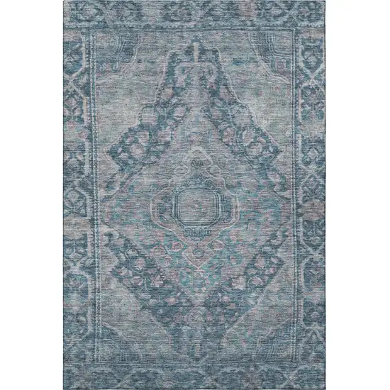 Denim Blue And Gray Oriental Washable Area Rug With UV Protection Photo 3