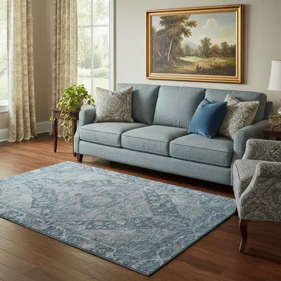 Denim Blue And Gray Oriental Washable Area Rug With UV Protection Photo 2