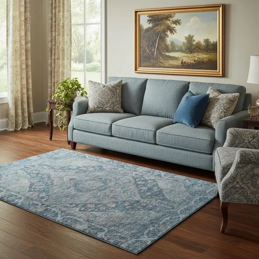 Denim Blue And Gray Oriental Washable Area Rug With UV Protection Photo 2