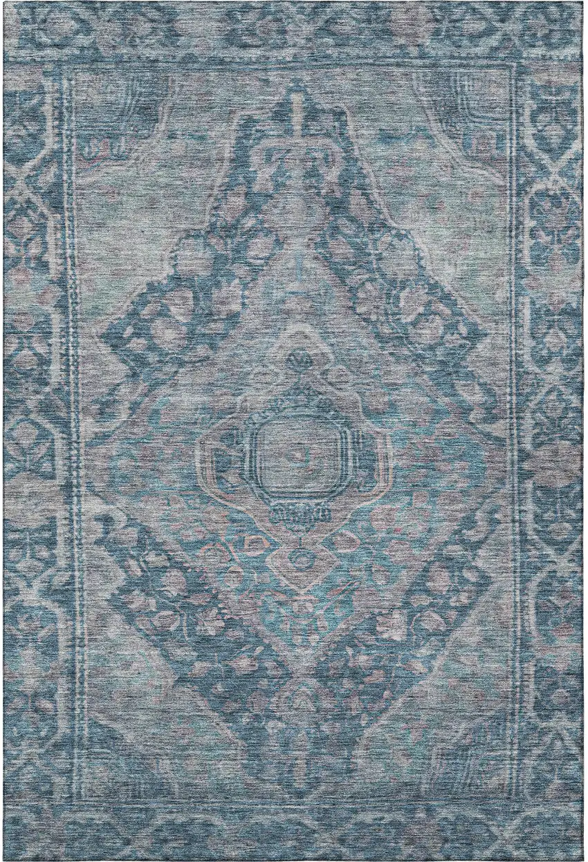 Denim Blue And Gray Oriental Washable Area Rug With UV Protection Photo 3