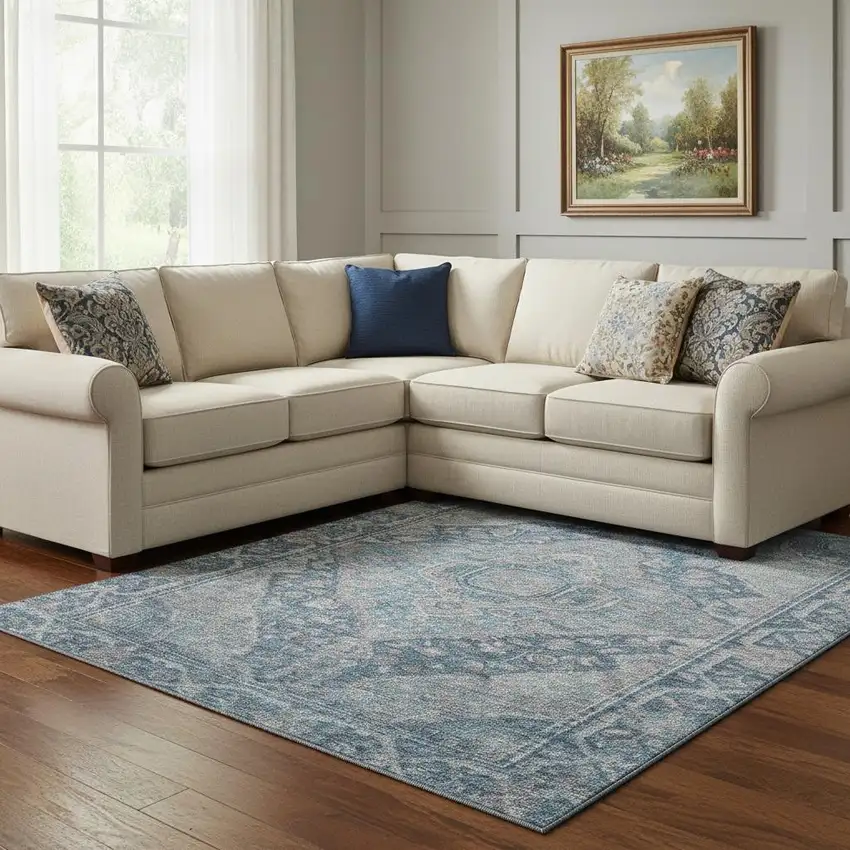 Denim Blue And Gray Oriental Washable Area Rug With UV Protection Photo 2