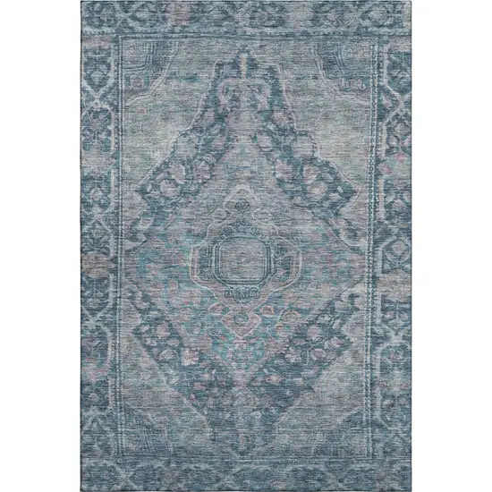 Denim Blue And Gray Oriental Washable Area Rug With UV Protection Photo 1