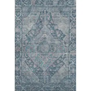 Photo of Denim Blue And Gray Oriental Washable Area Rug With UV Protection
