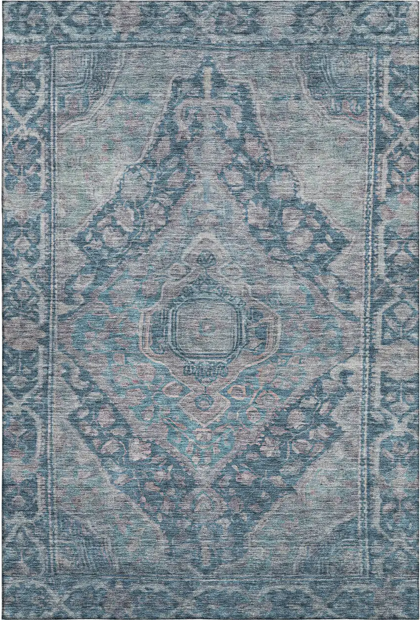 Denim Blue And Gray Oriental Washable Area Rug With UV Protection Photo 1