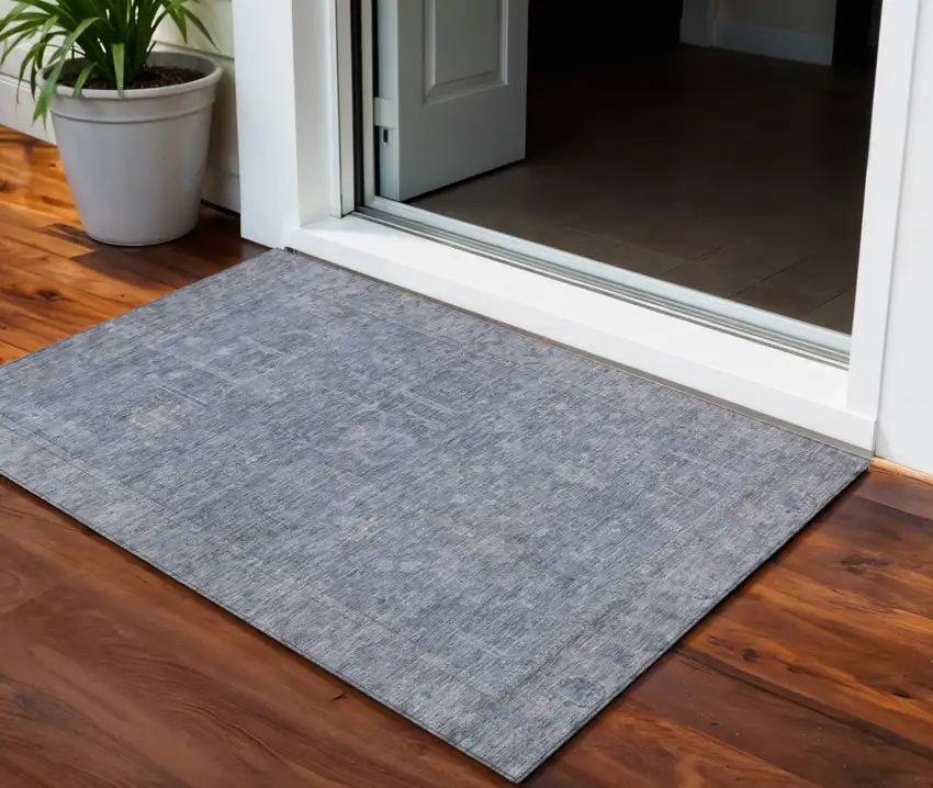Denim Blue And Gray Oriental Washable Indoor Outdoor Area Rug Photo 1