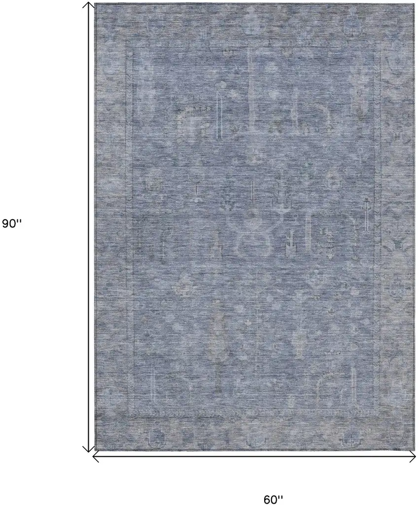 Denim Blue And Gray Oriental Washable Indoor Outdoor Area Rug Photo 7