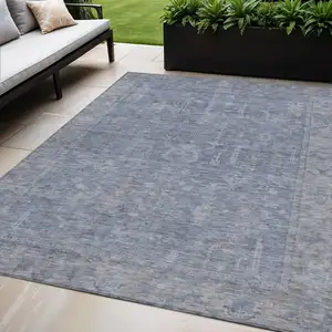 Photo of Denim Blue And Gray Oriental Washable Indoor Outdoor Area Rug