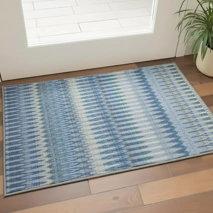 Denim Blue And Gray Southwestern Washable Area Rug With UV Protection Photo 2