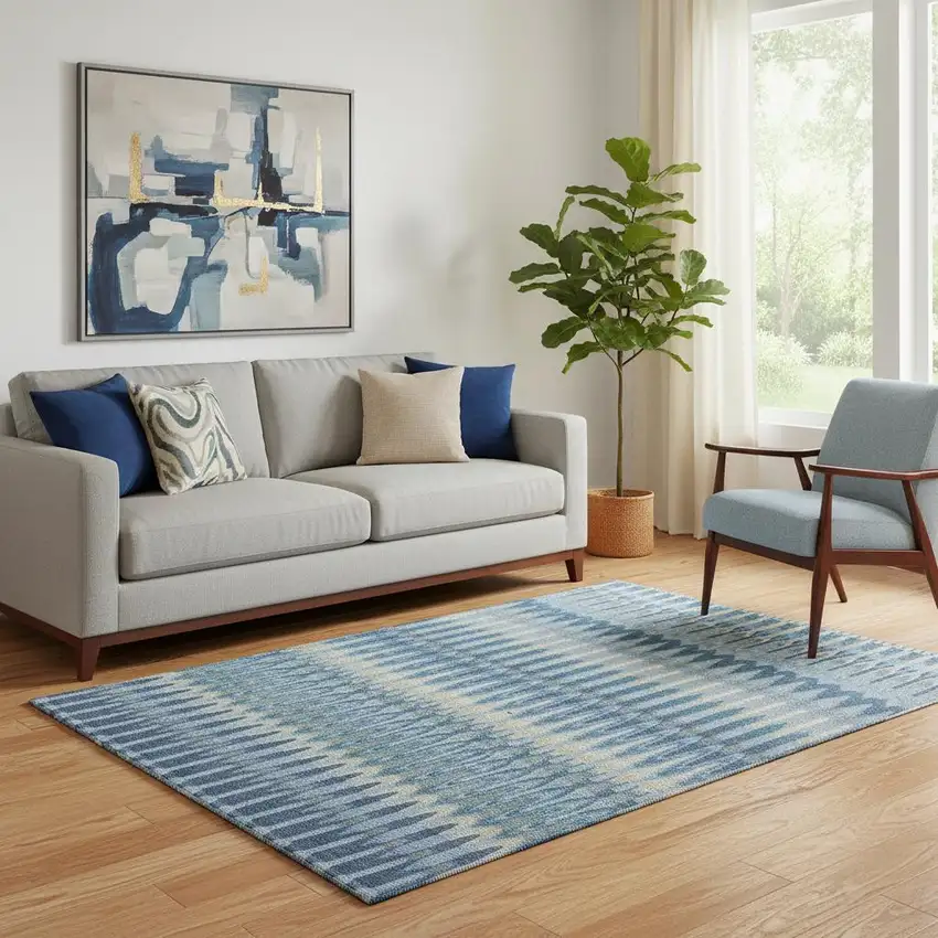 Denim Blue And Gray Southwestern Washable Area Rug With UV Protection Photo 1