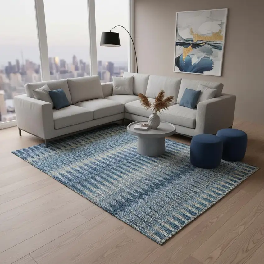 Denim Blue And Gray Southwestern Washable Area Rug With UV Protection Photo 2