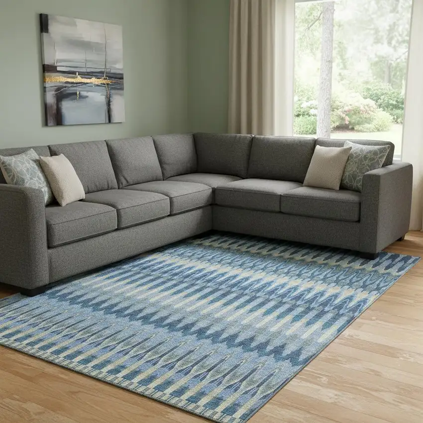 Denim Blue And Gray Southwestern Washable Area Rug With UV Protection Photo 1