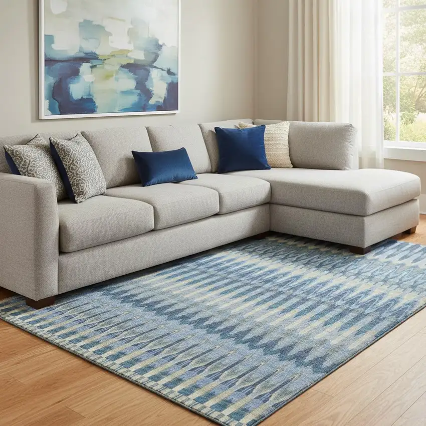 Denim Blue And Gray Southwestern Washable Area Rug With UV Protection Photo 1