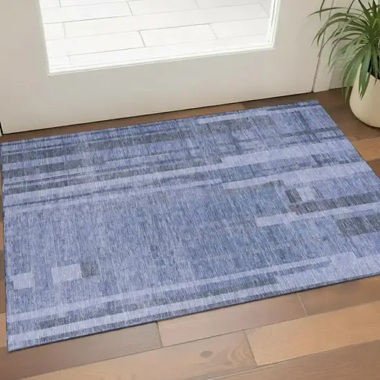 Denim Blue And Gray Striped Washable Area Rug With UV Protection Photo 1