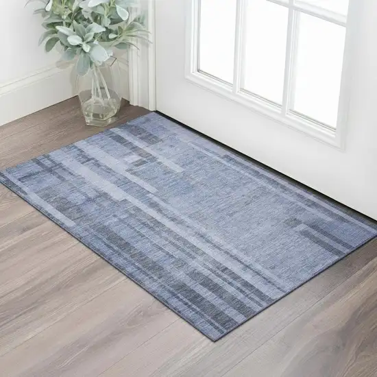 Denim Blue And Gray Striped Washable Area Rug With UV Protection Photo 2
