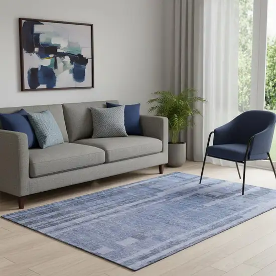 Denim Blue And Gray Striped Washable Area Rug With UV Protection Photo 2