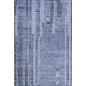 Photo of Denim Blue And Gray Striped Washable Area Rug With UV Protection