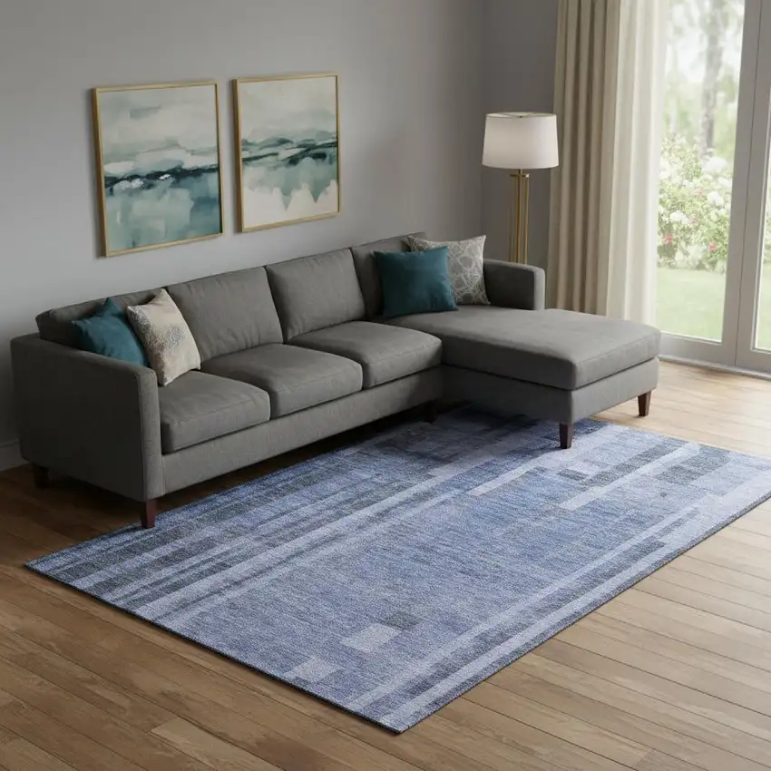 Denim Blue And Gray Striped Washable Area Rug With UV Protection Photo 2