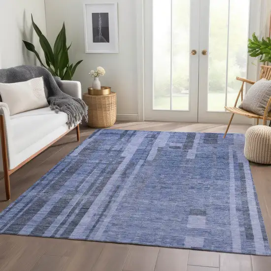 Denim Blue And Gray Striped Washable Area Rug With UV Protection Photo 5