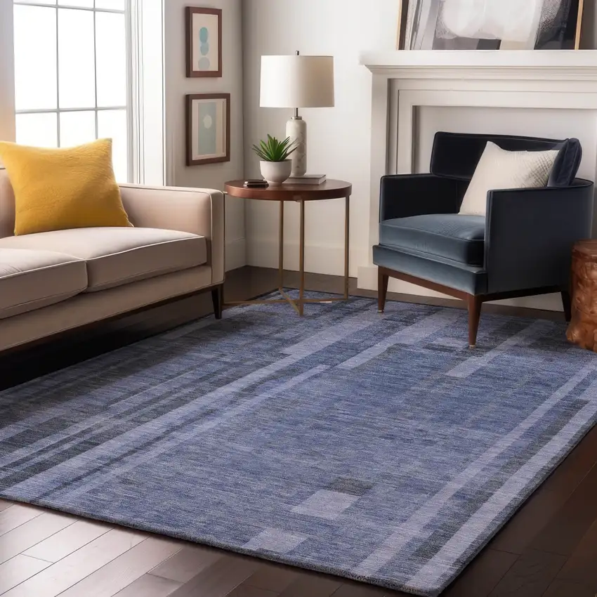 Denim Blue And Gray Striped Washable Area Rug With UV Protection Photo 4