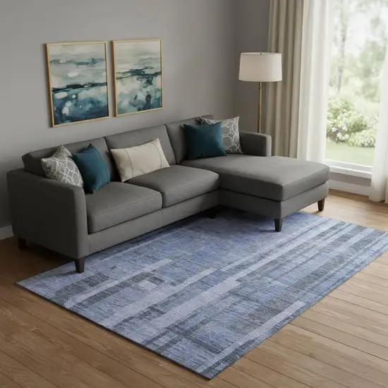 Denim Blue And Gray Striped Washable Area Rug With UV Protection Photo 2