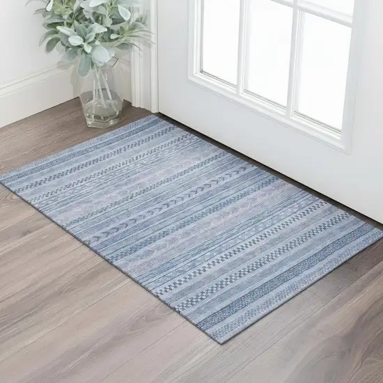 Denim Blue And Gray Striped Washable Area Rug With UV Protection Photo 2