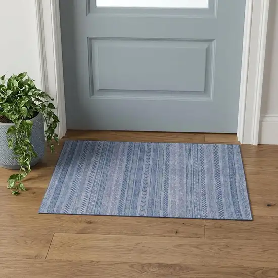 Denim Blue And Gray Striped Washable Area Rug With UV Protection Photo 1