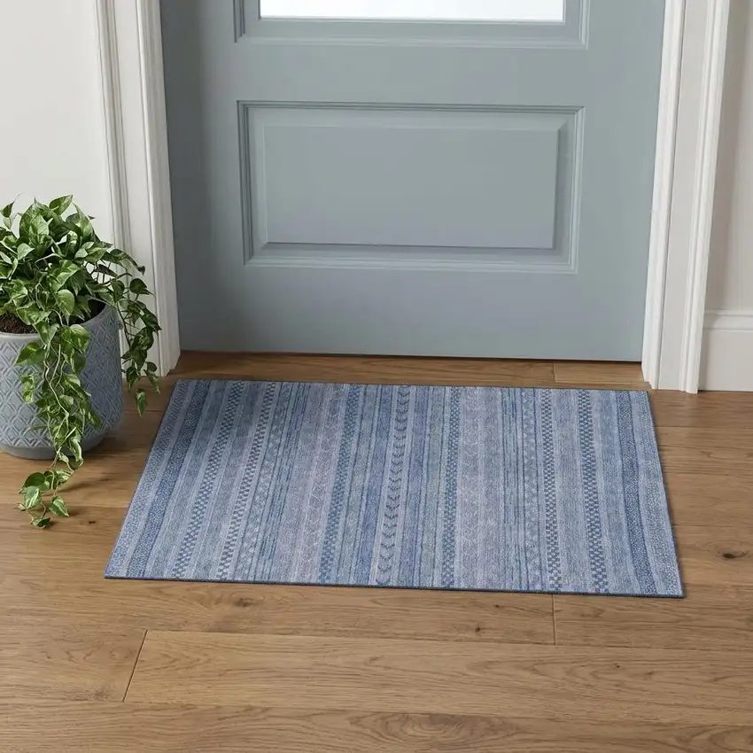 Denim Blue And Gray Striped Washable Area Rug With UV Protection Photo 1