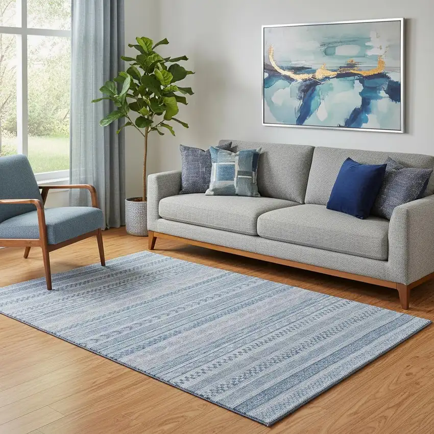 Denim Blue And Gray Striped Washable Area Rug With UV Protection Photo 2