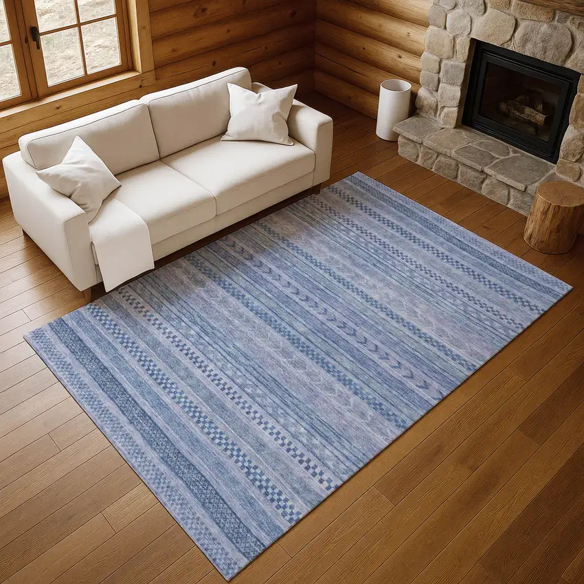 Denim Blue And Gray Striped Washable Area Rug With UV Protection Photo 5