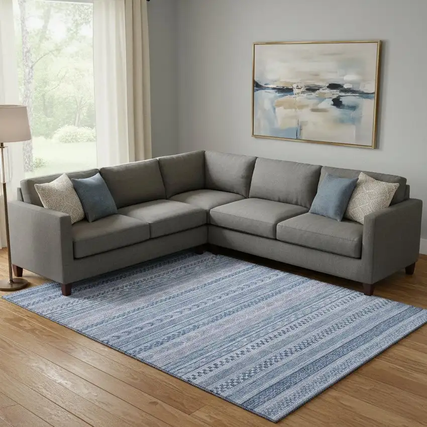 Denim Blue And Gray Striped Washable Area Rug With UV Protection Photo 2