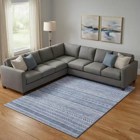 Denim Blue And Gray Striped Washable Area Rug With UV Protection Photo 2