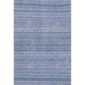 Photo of Denim Blue And Gray Striped Washable Area Rug With UV Protection