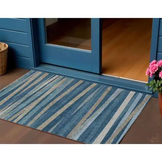 Denim Blue And Gray Striped Washable Indoor Outdoor Area Rug Photo 1