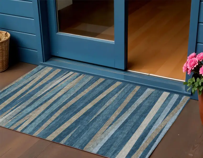Denim Blue And Gray Striped Washable Indoor Outdoor Area Rug Photo 1