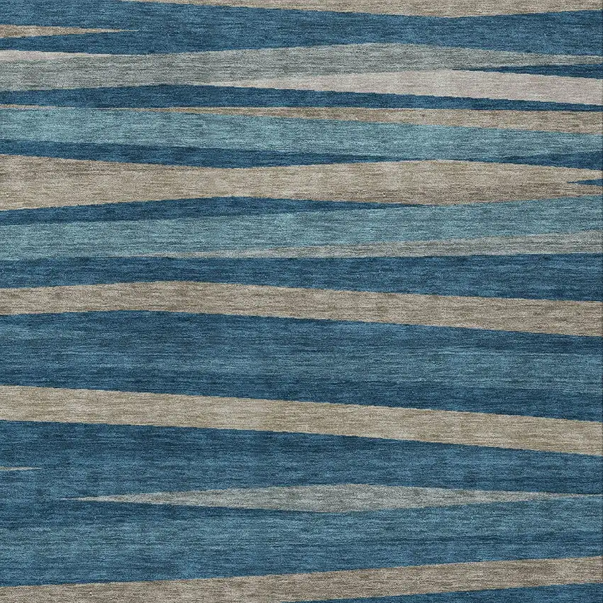 Denim Blue And Gray Striped Washable Indoor Outdoor Area Rug Photo 5