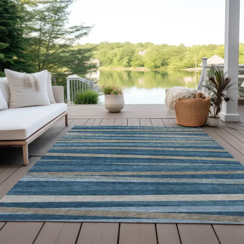 Denim Blue And Gray Striped Washable Indoor Outdoor Area Rug Photo 9