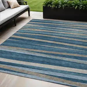 Photo of Denim Blue And Gray Striped Washable Indoor Outdoor Area Rug