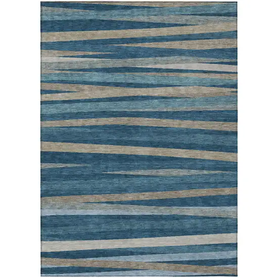 Denim Blue And Gray Striped Washable Indoor Outdoor Area Rug Photo 2
