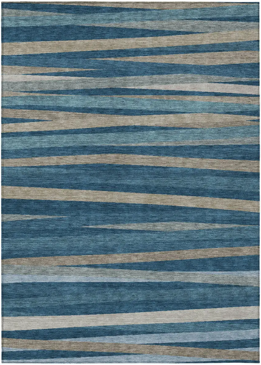 Denim Blue And Gray Striped Washable Indoor Outdoor Area Rug Photo 2