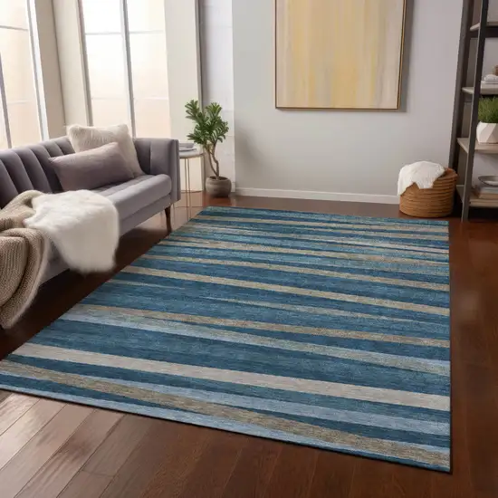 Denim Blue And Gray Striped Washable Indoor Outdoor Area Rug Photo 8