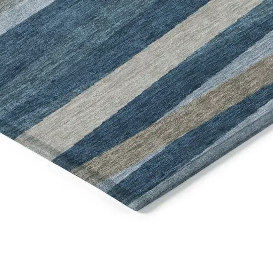 Denim Blue And Gray Striped Washable Indoor Outdoor Area Rug Photo 4