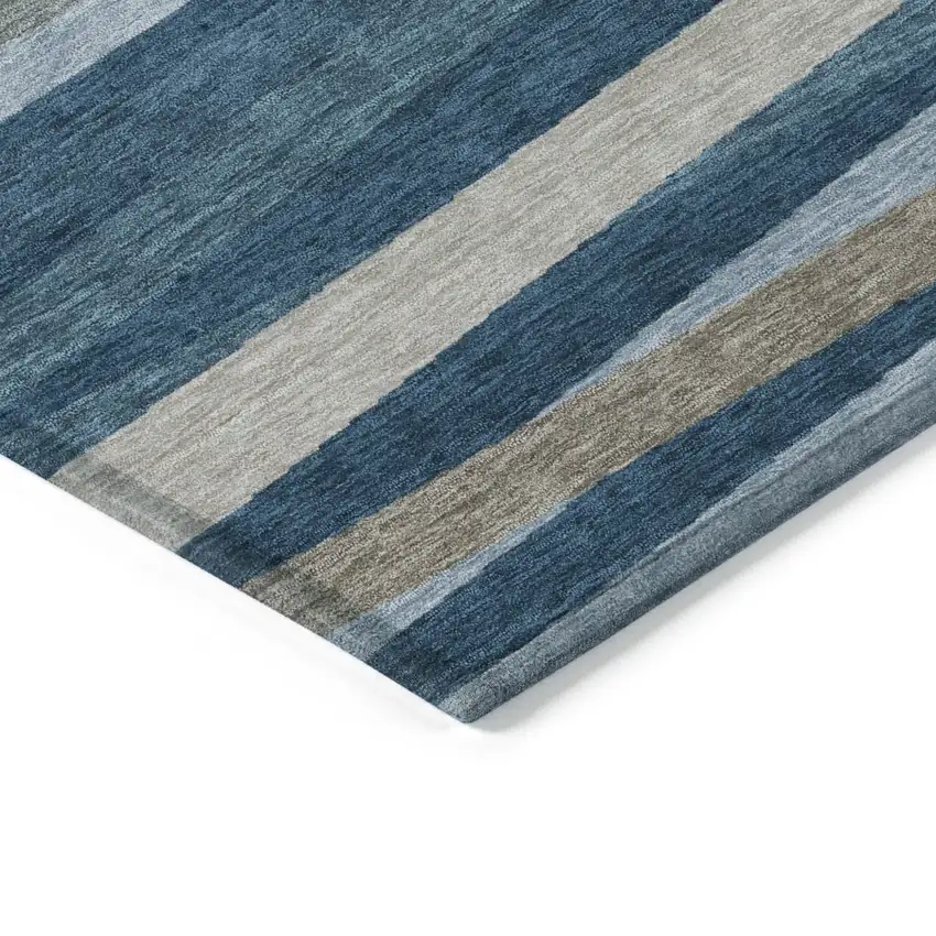 Denim Blue And Gray Striped Washable Indoor Outdoor Area Rug Photo 4