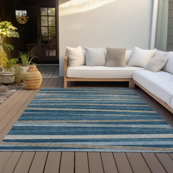 Denim Blue And Gray Striped Washable Indoor Outdoor Area Rug Photo 7