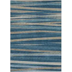 Photo of Denim Blue And Gray Striped Washable Indoor Outdoor Area Rug