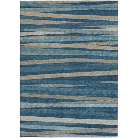 Denim Blue And Gray Striped Washable Indoor Outdoor Area Rug Photo 6