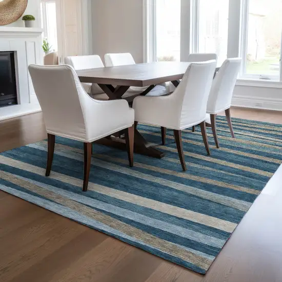 Denim Blue And Gray Striped Washable Indoor Outdoor Area Rug Photo 9