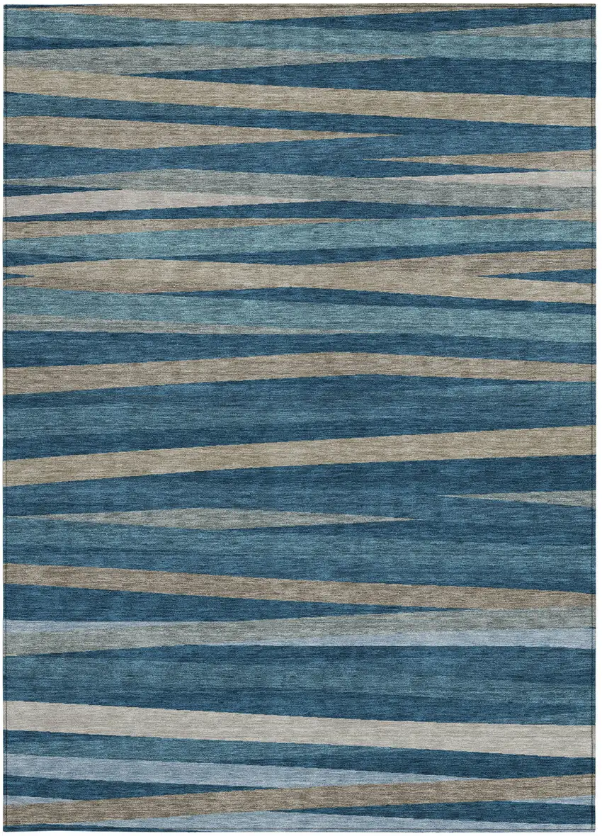 Denim Blue And Gray Striped Washable Indoor Outdoor Area Rug Photo 5